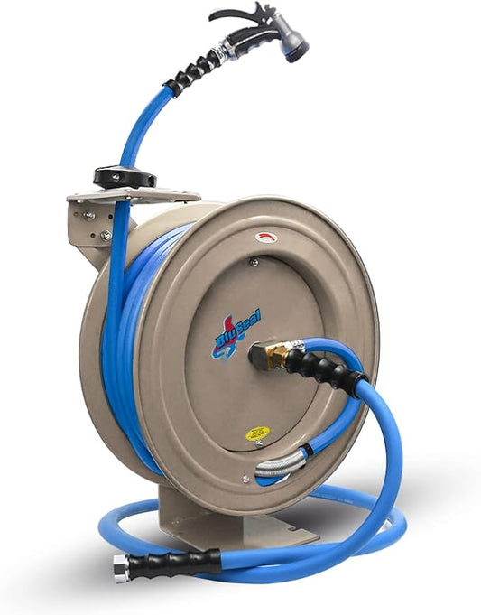 Auto Retractable Water Hose Reel with Hot & Cold Water Rubber Garden Hose, Spray Nozzle - Ultra Light, Super Strong with 6' Lead-in Hose (5/8” x 50’ Cream)