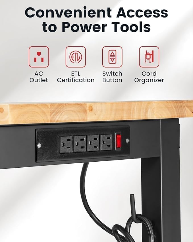 Work Bench for Garage 48 x 20 Inch Adjustable Height Rubberwood Tabletop Work Table with Pegboard, Power Outlets Garage Workbench for Woodworking Shop, Home, Office, Electronic Cutting Wood