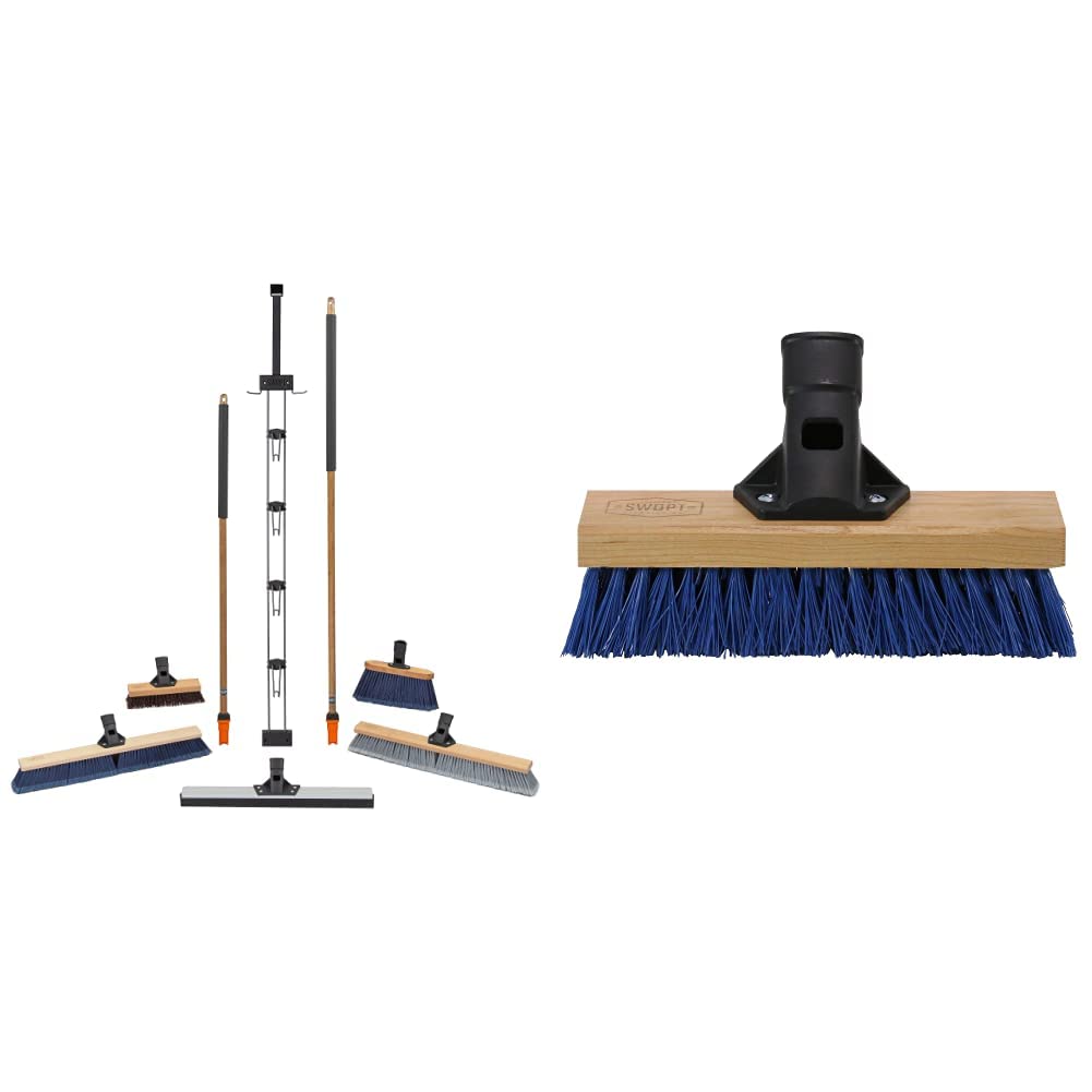 SWOPT Garage Kit — Includes 48” and 60” Wooden Handles, Smooth Surface Push Broom & 10” Premium Multi-Surface Scrub Brush Head