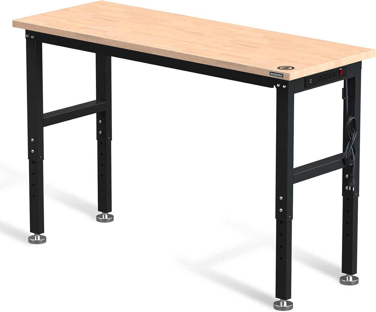 WORKPRO 60" Adjustable Workbench, Rubber Wood Top Heavy-Duty Workstation, 2000 LBS Load Capacity Hardwood Worktable with Power Outlets, for Workshop, Garage, Pack of 10