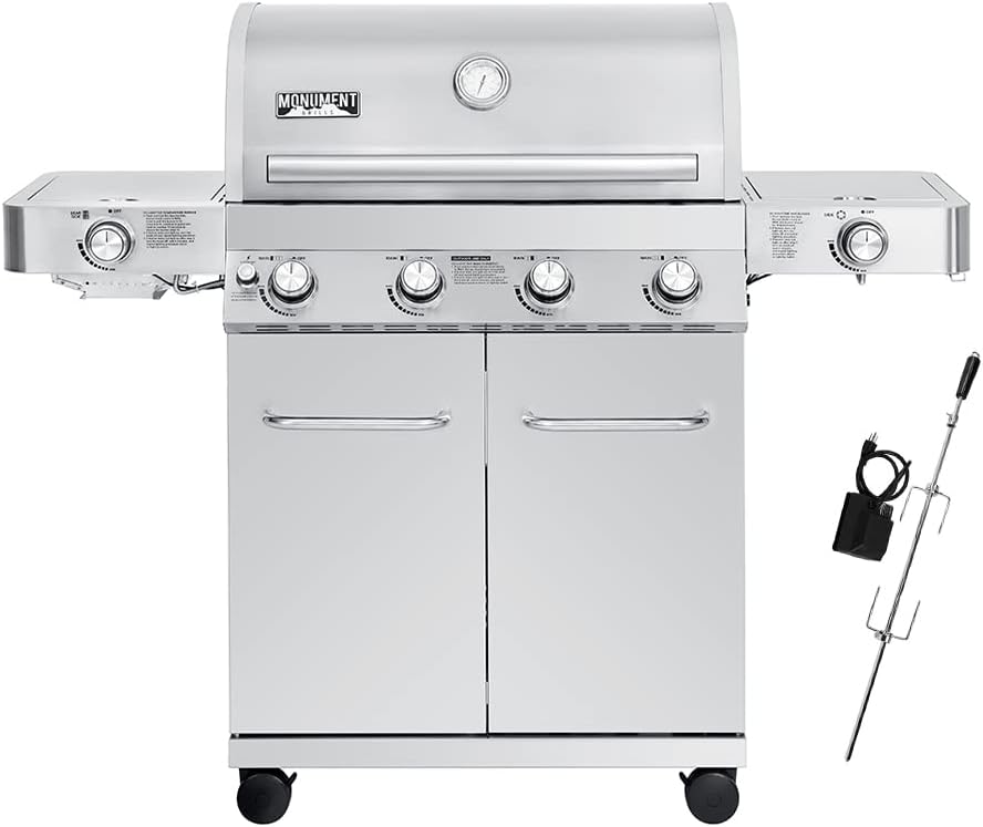 Monument Grills Larger 4-Burner Propane Gas Grills Stainless Steel with Rotisserie Kit(2 Items)