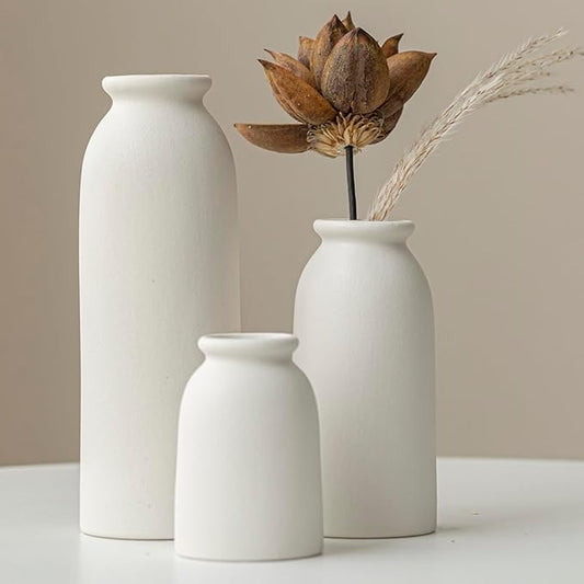 Ceramic Vase Set-3, Small Flower Vases for Decor, Modern Boho Farmhouse Style, Decorative Shelf Vases for Pampas Grass & Dried Flowers, Distressed Finish (White)