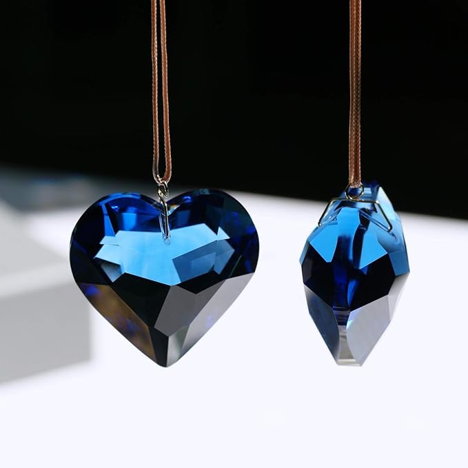 Blue Heart Crystal Suncatcher, 2pc 45mm Hanging Prism for Windows, Outdoor Indoor Decoration, Rainbow Maker Gifts for Mom, Grandma, Friend