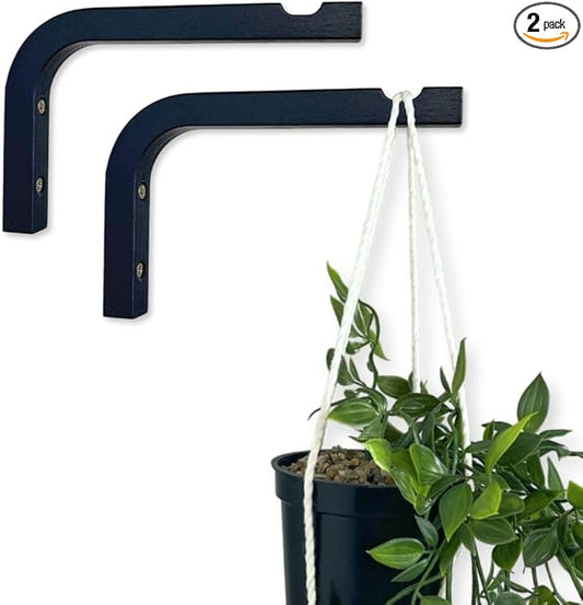 2-Piece Set of Plant Hooks for Wall 6 inch - Mounted Wooden Plant Hook - Indoor and Outdoor Bracket Plant Hanger for Planters, Lanterns, Bird Feeders, Patio Decorations (Black)