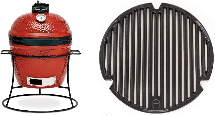Kamado Joe KJ13RH Joe Jr. 13.5 inch Portable Charcoal Grill with Cast Iron Cart and Heat Deflectors, Blaze Red and Kamado Joe KJ15090620 Cast Iron Sear Plate