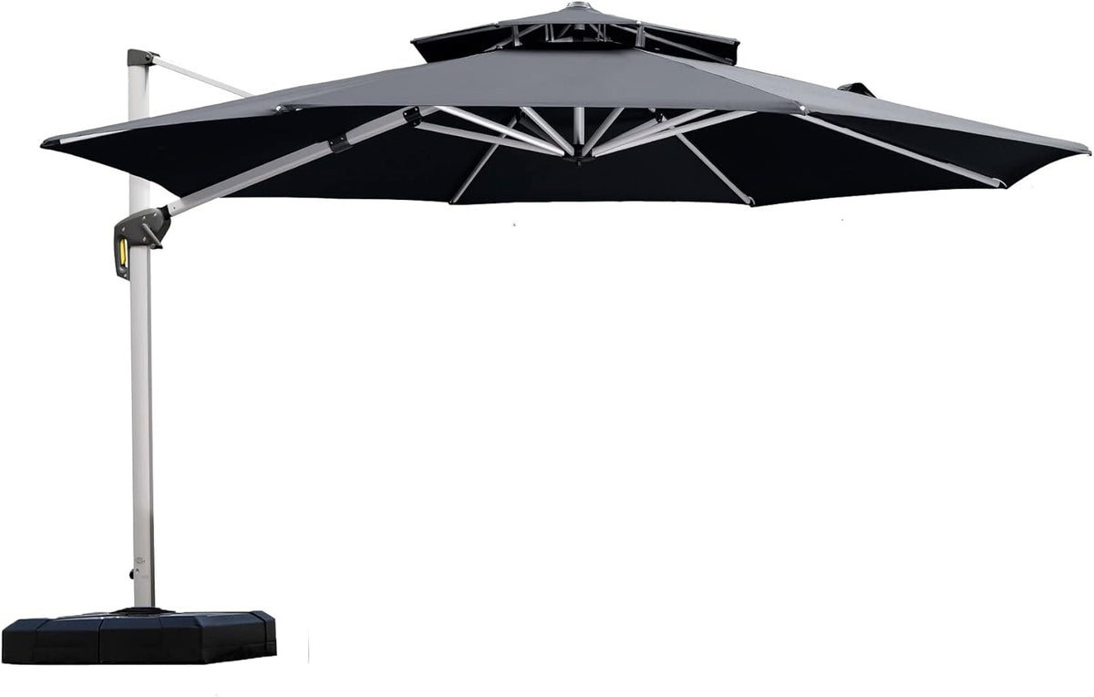 PURPLE LEAF 12 Feet Double Top Round Deluxe Patio Umbrella Offset Hanging Umbrella Outdoor Market Umbrella Garden Umbrella, Grey