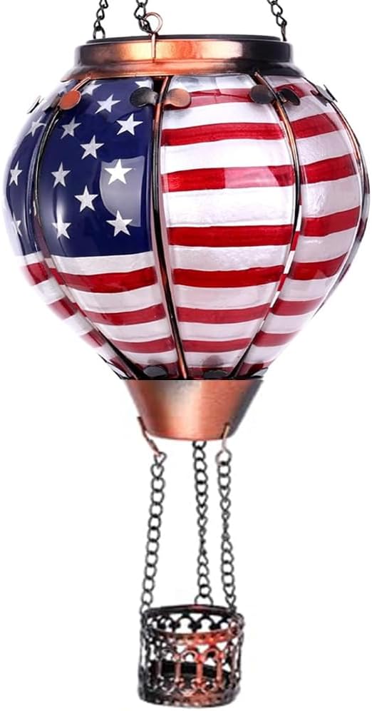 Hot Air Balloon Solar Lantern with Flickering Flame, Glass Hanging Garden Lights Outdoor Waterproof for Tree Yard Patio Mother's Day Gift, 18" H Flag
