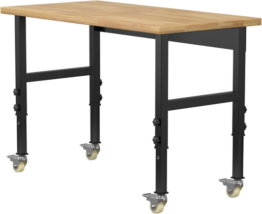 48" Adjustable Workbench,Heavy-Duty Work Table,3000 LBS Load Capacity Hardwood Workstation with Wheels,for Workshop, Garage