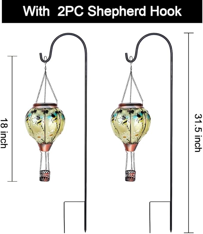 2PC Hot Air Balloon Solar Lantern with 2PC Shepherd Hook, Flickering Flame Hanging Solar Lanterns Outdoor Lights Waterproof Lanterns Decorative Garden Patio Yard Party Decor (Bees)