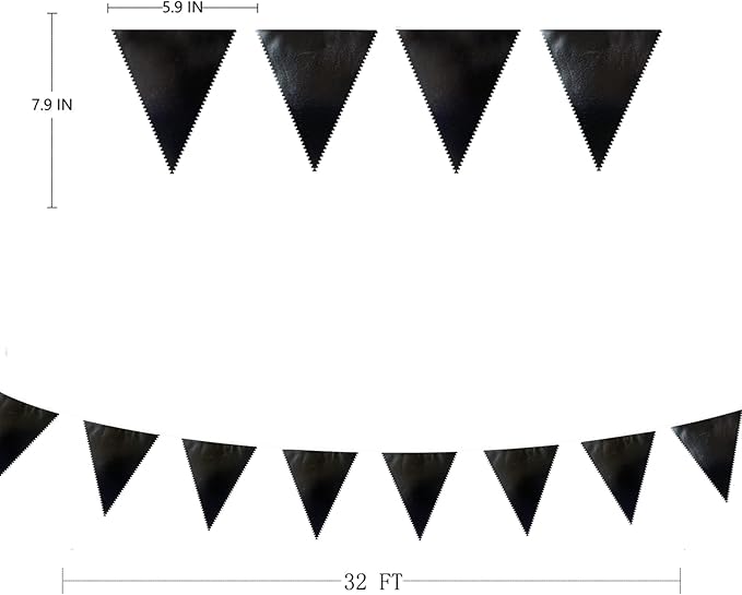 Black Party Decorations Triangle Pennant Banner Flag Black Metallic Fabric Bunting Garland for Graduation Birthday Wedding Engagement Bachelorette Holiday Halloween Celebration Hen Party Supplies