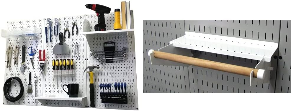 Wall Control Pegboard Organizer 4 ft. Metal Pegboard Standard Tool Storage Kit & Pegboard Paper Towel Holder and Dowel Rod Pegboard Shelf Assembly for Pegboard and Slotted Tool Board – White