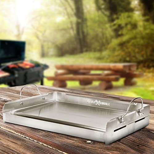 LITTLE GRIDDLE 100% Stainless Steel Griddle with Even Heat Cross Bracing and Removable Handles - For Grills, Camping, Tailgating, Silver, 25" x 16" x 6.5"