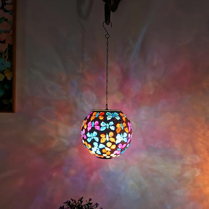 Hanging Solar Lanterns Outdoor Waterproof, Decorative Mosaic Butterfly Solar Lantern, Gazing Ball Globe Hanging Lantern for Patio Garden Yard Home Decor