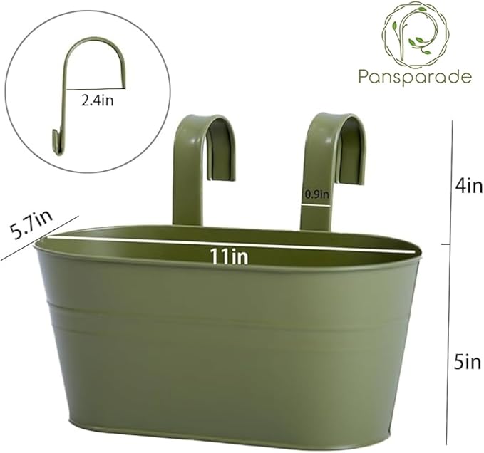 5 Pack Metal Hanging Flower Pots for Railing Fence，Outdoor Balcony Rail Planter with Garden Tools Detachable Hooks Drainage Holes for Deck Garden Home Decor Green