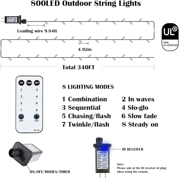 Christmas Lights Outdoor, 800LED 330FT Multicolor String Lights 8 Modes Timer Plug in Waterproof Indoor Outdoor Christmas Lights for Christmas Wedding Garden Yard Party Tree Decoration