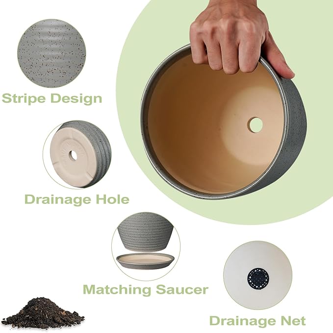 8 Inch Plant Pot Ceramic Planter Pot with Drainage Hole and Saucer Modern Round Flower Pot for Indoor Plants Light Gray