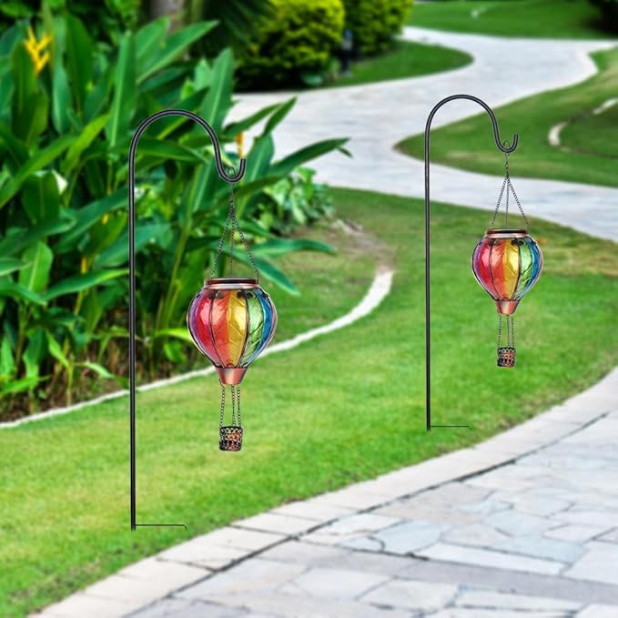 2PC Hot Air Balloon Solar Lantern with 2PC Shepherd Hook, Flickering Flame Hanging Solar Lanterns Outdoor Lights Waterproof Lanterns Decorative Garden Patio Yard Party Decor Colorful