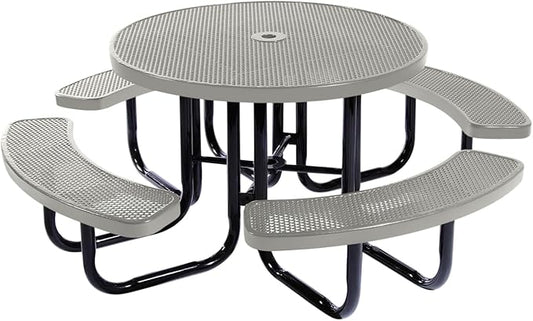 Heavy-Duty Portable Outdoor Picnic Table with Umbrella Hole, Punched Steel Commercial-Grade Patio Dining Furniture Made in America (46" Round Top, Grey)