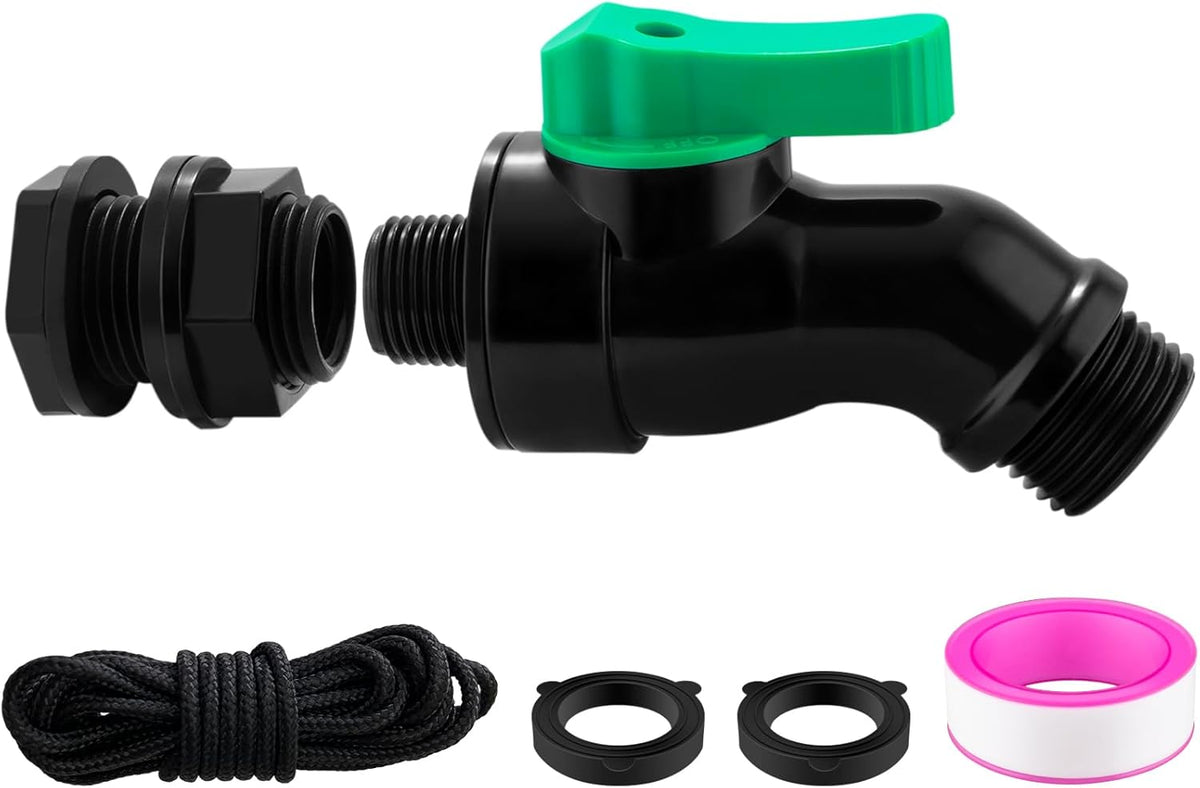 Plastics Rain Barrel Spigot Kit High Flow Valve Core Water Tank Faucet+PVC Bulkhead Fitting 1/2" NPT to 3/4" GHT Rain Barrel Spigot for Plastic Bucket Rainwater Drum Container Downspout Collector in