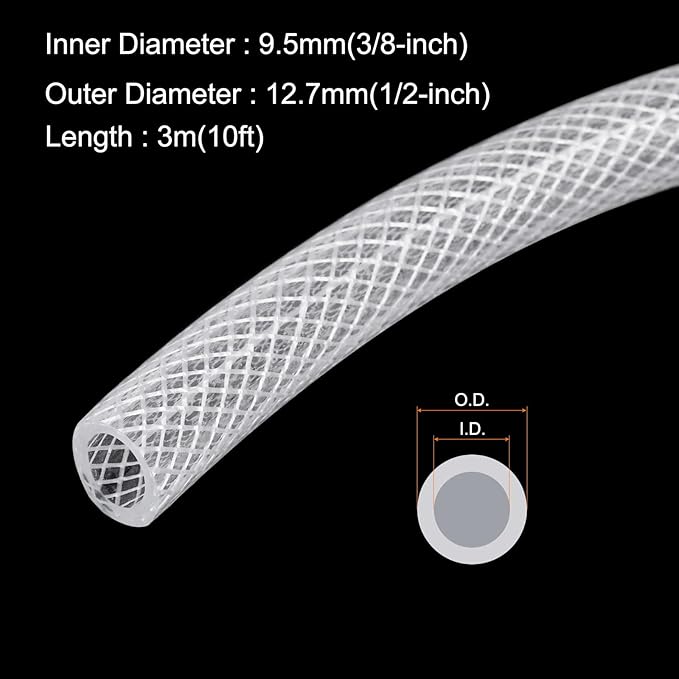 3/8" x 1/2" Braided Clear Plastic PVC Tubing 10ft High Pressure Flexible Reinforced Vinyl Tube, [for Garden Irrigation, Water Hose, Fish Tank, Water Transfer] - 9.5x12.7mm