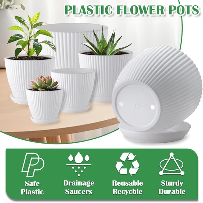 7.5/6.5/5.5/4.9/4.2/3.5 Inch Plant Pots, Plastic Flower Pots with Drainage Holes and Plate, Indoor/Outdoor Plant Planters with Different Size, 6 Pack Durable Pots for Plants, White