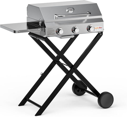 BBQ Gas Grill 3-Burner with Foldable Cart & Side Table, Portable Propane Grill with Lid for Outdoor Patio Backyard Barbecue Camping Tailgating RV Trip, Stainless Steel, GS308
