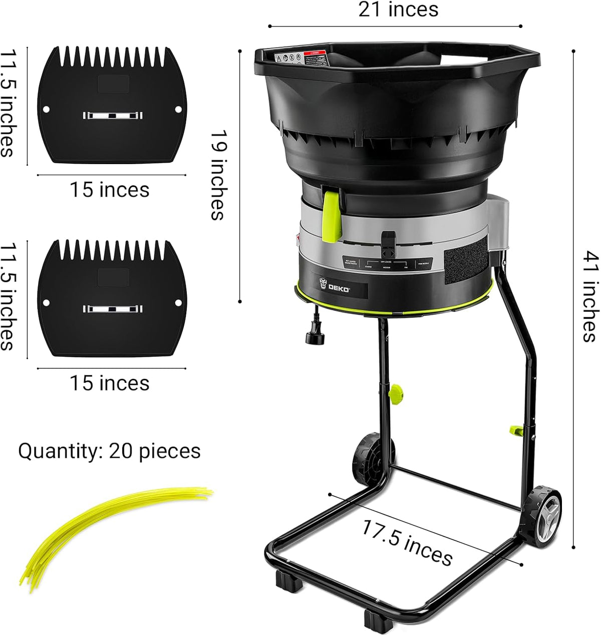 Electric Leaf Mulcher/Shredder: DEKOPRO 13-Amp 8200RPM Motor for 17:1 Reduction Ratio, Adjustable Control Dia with Leaf Scoops Spade and 20 Cutting Lines