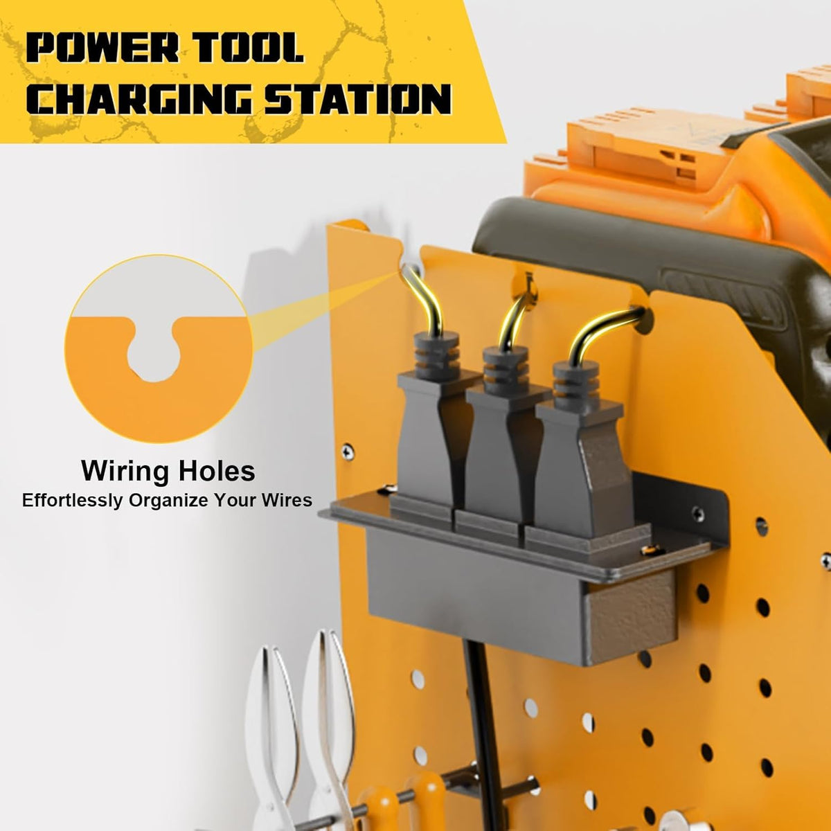 Power Tool Organizer Wall Mount with Charging Station, 45.5" Garage Organization Wall Mounted, 3 Layers Electric Cordless Drill Holder with Outlet Power Strips, Garage Tool Storage for Impact Wrenches
