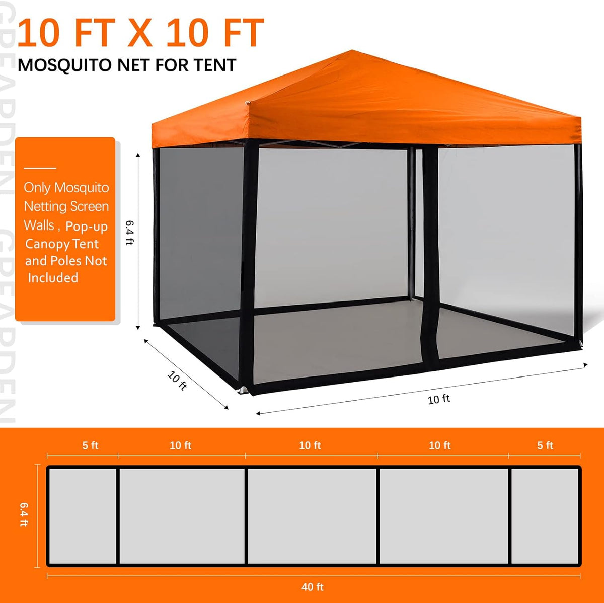 Mosquito Netting Outdoor Screen House Tent Screen Wall with Zipper for Camping, Patio, 10x 10 Gazebo and Tent (Black)