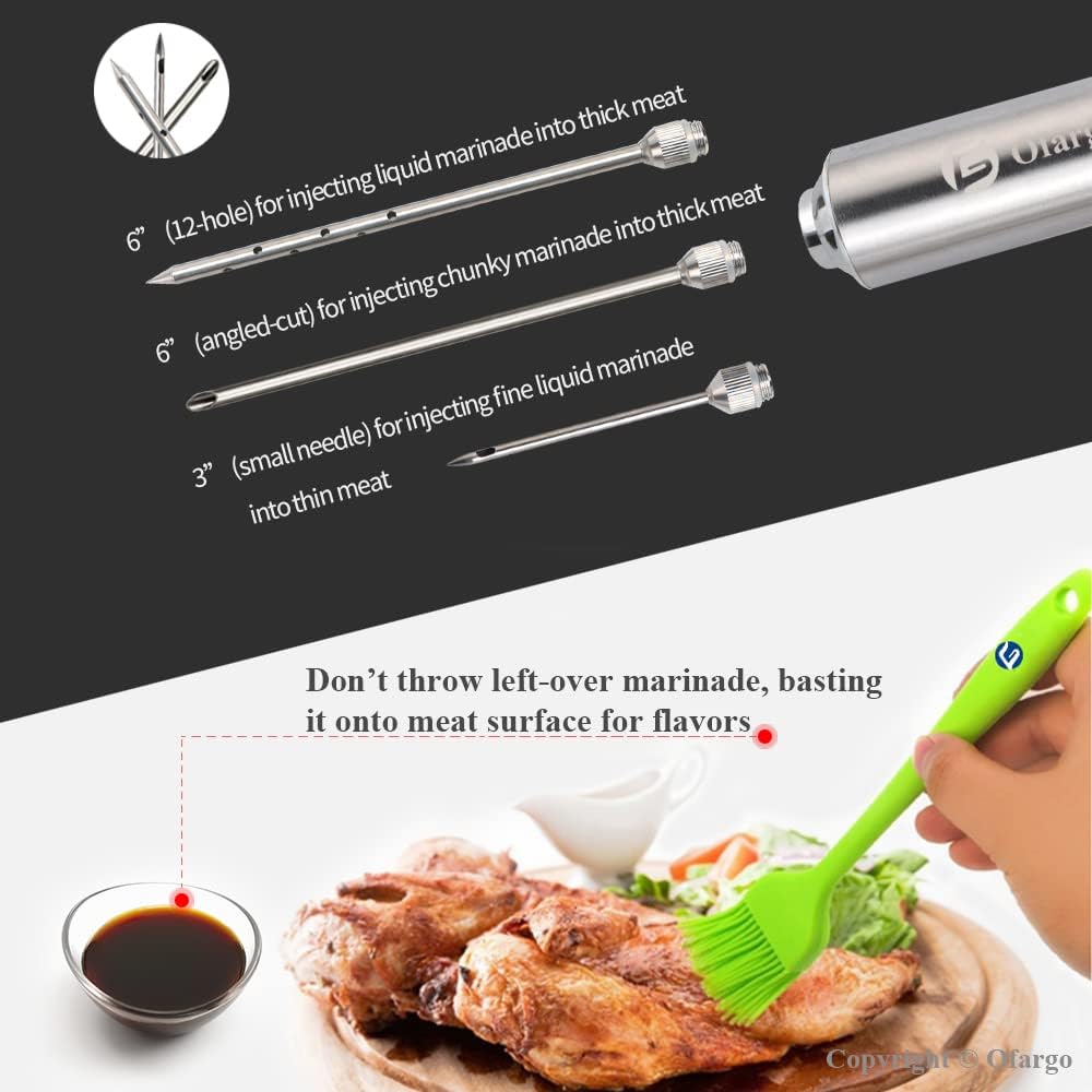 Meat Injector, Meat Injectors for Smoking with 3 Marinade Food Injector Syringe Needles, Injector Marinades for Meats, Turkey, Brisket; 2-oz Capacity