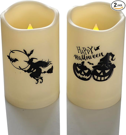Halloween Outdoor Battery Operated Flameless Pillar Candles with Auto Daily Timer Waterproof Realistic Flickering Electric LED Lights with Pumpkin Witch Decals Halloween Decorations 2 Pack 3X5”