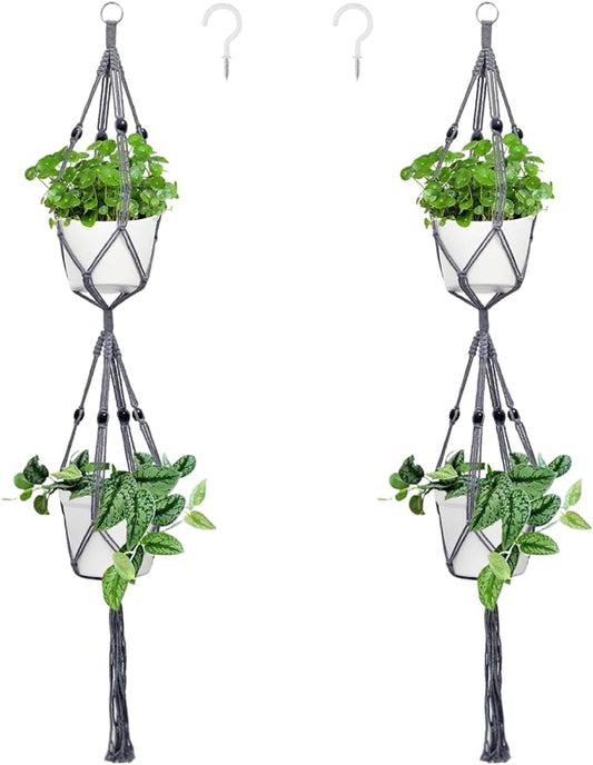 Belit 2 Pack Double Macrame Plant Hangers 2 Tier Hanging Planter Basket Decorative Flower Pot Holder Rope for Indoor Outdoor Home Decor 51 Inch, Grey