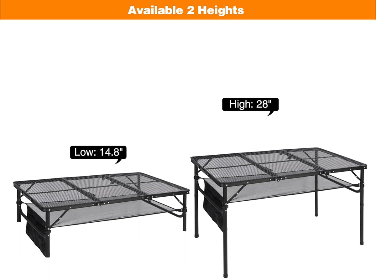 REDCAMP 48x24 Long Folding Grill Table for Outside, Lightweight Portable Double Layer Metal Aluminum Outdoor Grill Table with Adjustable Height Legs, Great for Camping Picnic Cooking BBQ, Black 4ft