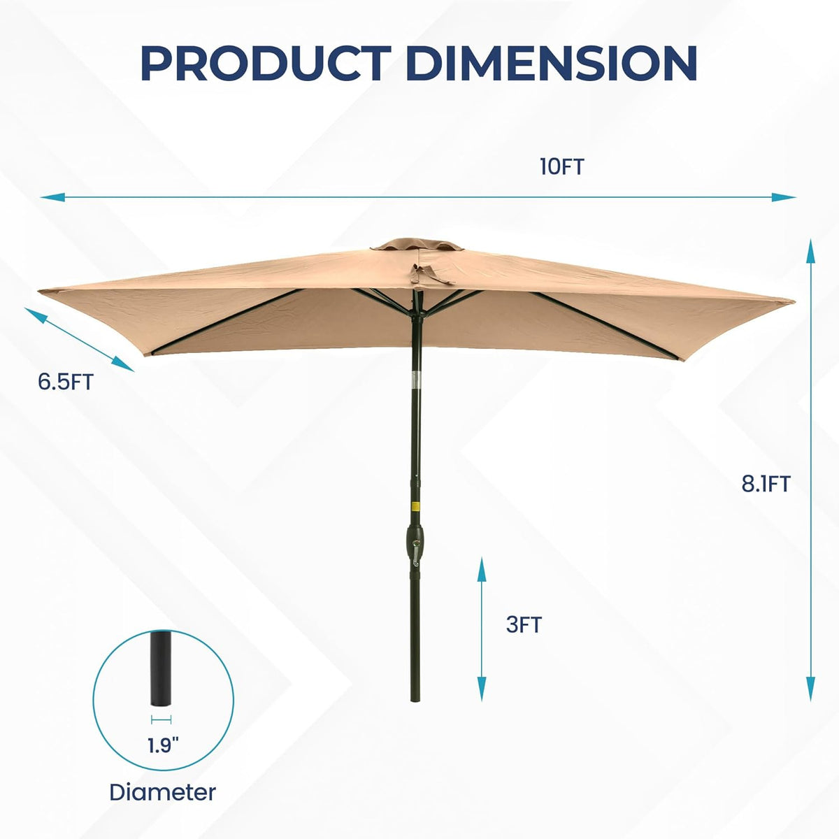 SUNVIVI OUTDOOR Patio Umbrella, 6.5' x 10' Rectangular Patio Umbrella, Metal Pole Square Outdoor Umbrella with Crank and Push Button Tilt, 6 Steel Ribs, Polyester Canopy
