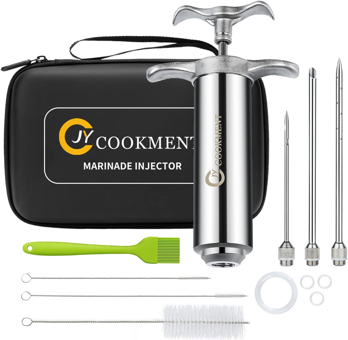 Meat Injector Syringe 2-oz Marinade Flavor Barrel 304 Stainless Steel with 3 Marinade Needles, Travel Case for BBQ Grill Smoker, Turkey, Brisket, Paper Instruction and E-book Included by JY COOKMENT