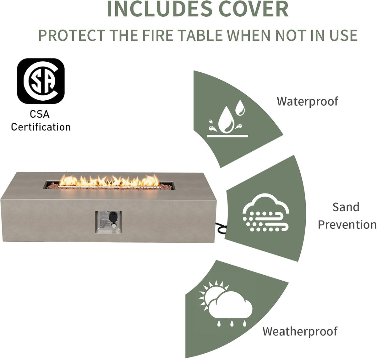 COSIEST 56-inch x 28-inch Outdoor Propane Fire Pit Coffee Table w Concrete Rectangle Base, CSA Certified, 50,000 BTU, Free Lava Rocks and RainCover, Fits 20lb Tank Outside(Gray)