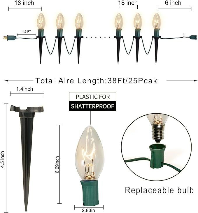 C9 Christmas Pathway Lights, 38FT Clear Christmas Pathway String Lights with 25 Incandescent Bulbs and Stakes for Outdoor Walkway Driveway Backyard Christmas Decorations, Warm White