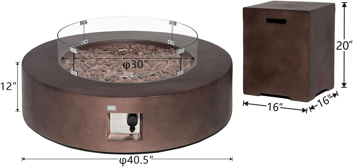 COSIEST 2-Piece Outdoor Propane Firepit Table Set w Tank Table, 42 inch Dark Fire Table CSA Certified, 50,000 BTU w Bronze Round Base,Wind Guard and 16 inches Tank Side Table 20lb for Garden,Pool