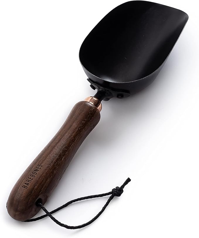 Barebones Garden Scoop - Garden Spoon - Stainless Steel Small Hand Shovel for Transplanting, Digging, and Planting - Great Home Gardening Hand Tools (Walnut/Black)