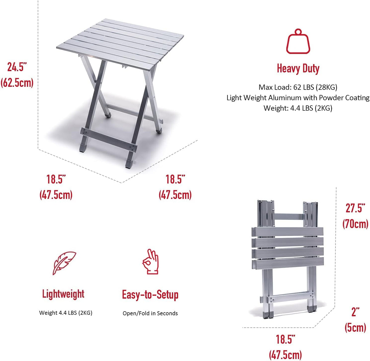 SUNNYFEEL Folding Camping Table - Lightweight Aluminum Portable Picnic Table, 18.5x18.5x24.5 Inch for Cooking, Beach, Hiking, Travel, Fishing, BBQ, Indoor Outdoor Small Foldable Camp Tables