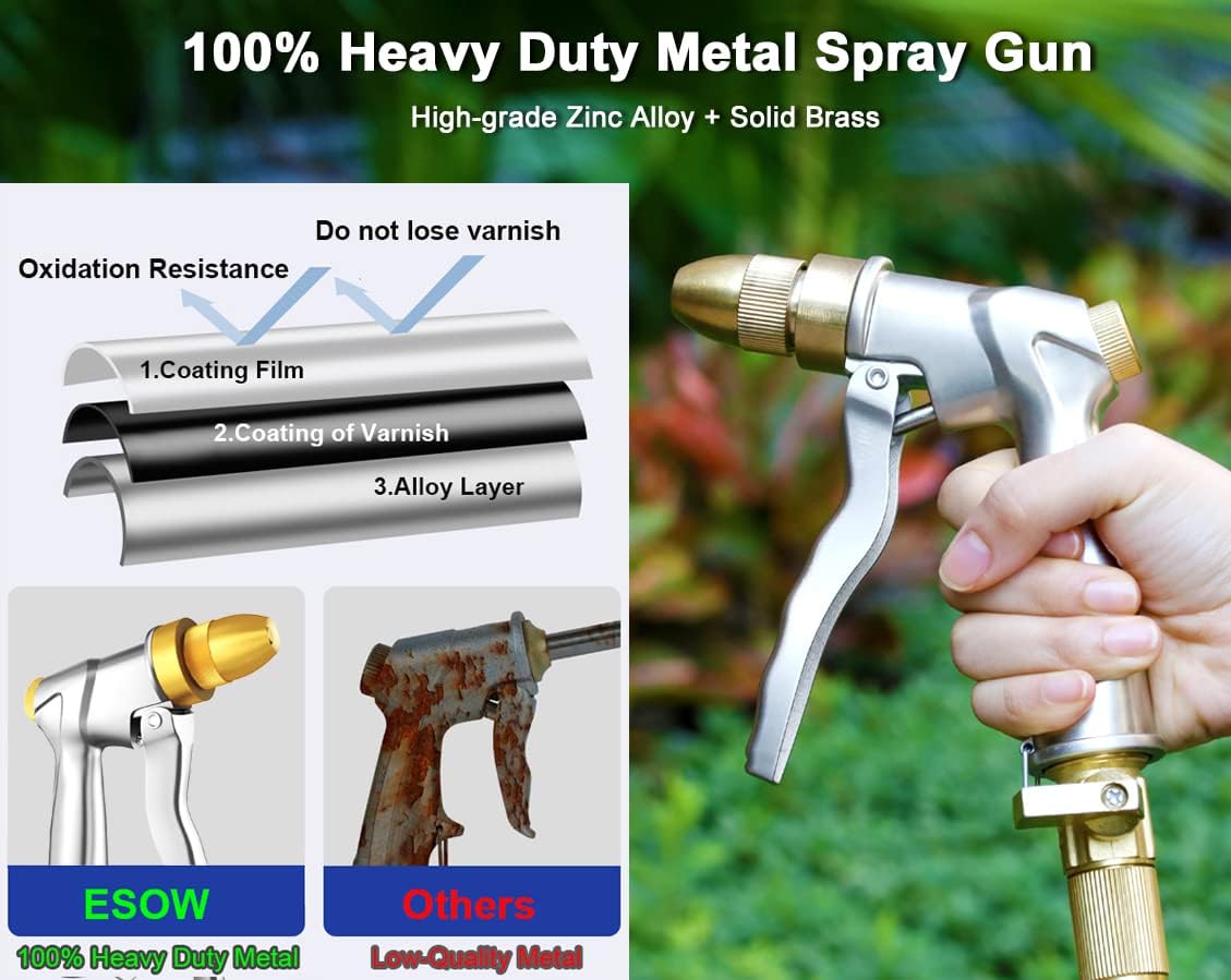ESOW Heavy Duty Metal Garden Hose Nozzle, High Pressure Water Hose Nozzle with 4 Spray Patterns Rotating, Ideal for Outdoor Lawn & Garden Watering, Car & Pet Washing, Silver