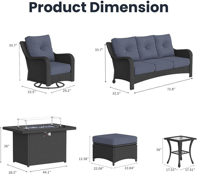 7 Pieces Outdoor Patio Furniture Sets with Rocking Swivel Chairs with 6-inch Thick Cushion and Fire Pit Table for Deck Lawn