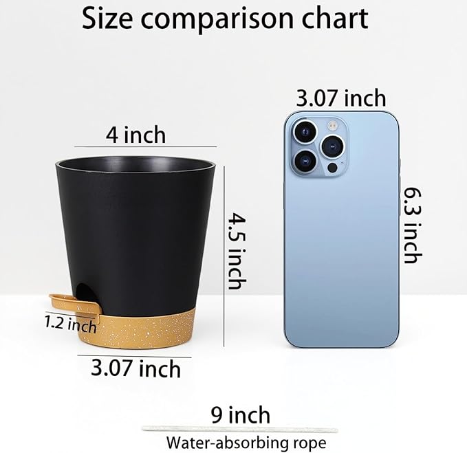 12 Pack 4 Inch Self Watering Plant Pots with Drainage and Saucers，Plastic Flower Pots for Indoor and Outdoor Plants, Nursery Planters for Houseplants and Herbs Black Brown, 4 inch 12pcs