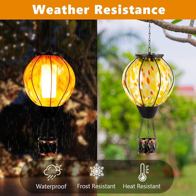 2PCS Hot Air Balloon Solar Lanterns with Flickering Flame,Yellow Glass Hanging Solar Lanterns Outdoor Waterproof Hot Air Balloon Light for Patio Tree Yard Garden Decor,Garden Gift for Women