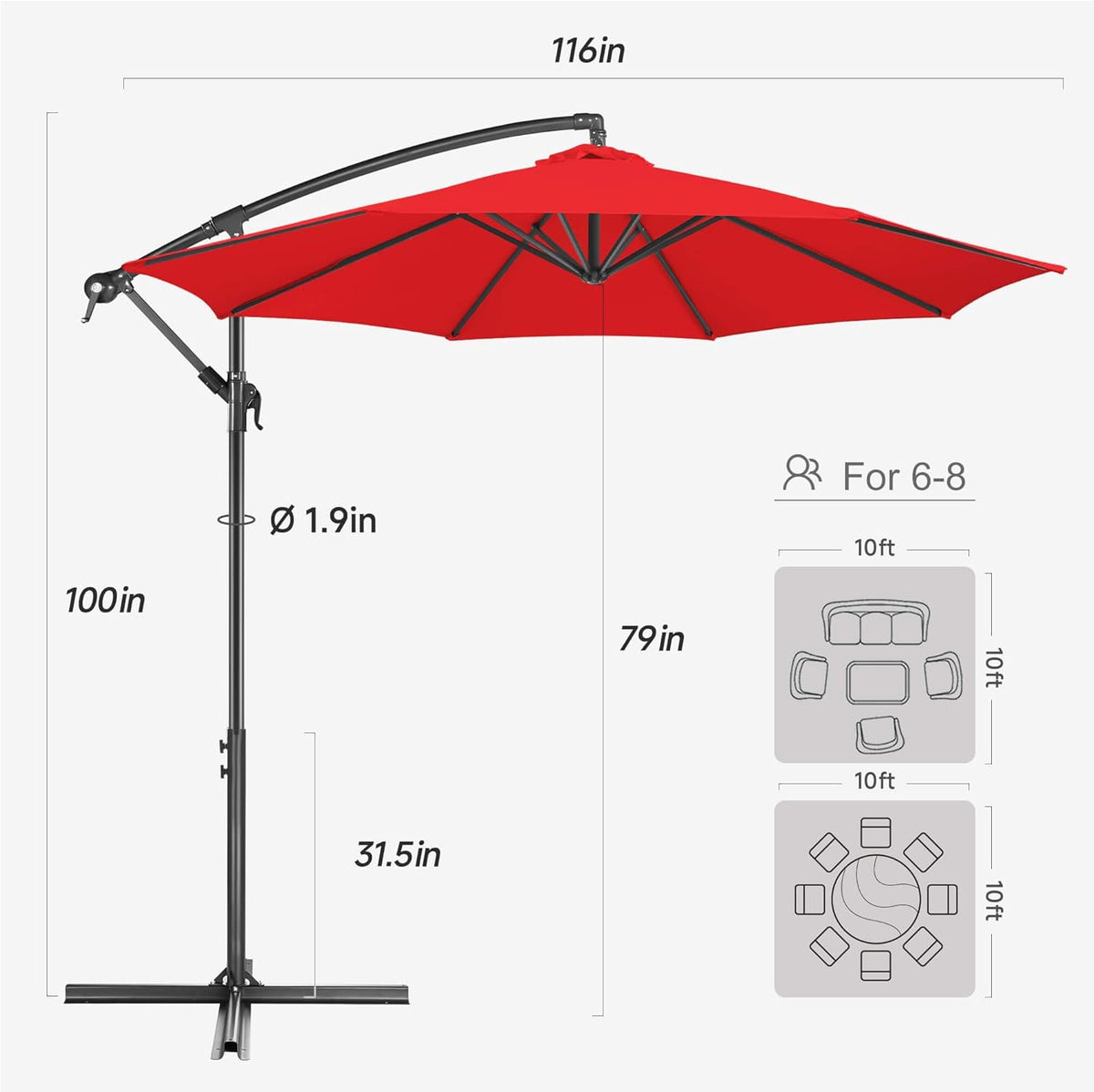 FLAME&SHADE 10ft Cantilever Patio Umbrella Outdoor, Large Offset Umbrella with Crank and Cross Base, UPF 50+ UV Protection Hanging Umbrella for Pool Deck Garden, Red