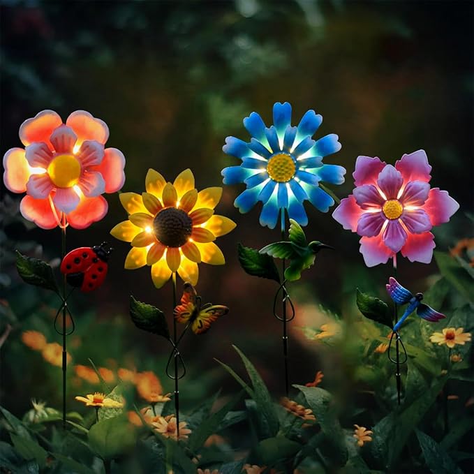 4 Pack Outdoor Solar Lights,Outdoor Waterproof Metal Art Stick Flowers,Garden Decor for Women Mom Grandma Halloween Hanging Metal Stakes Lights for Garden,Lawn,Patio