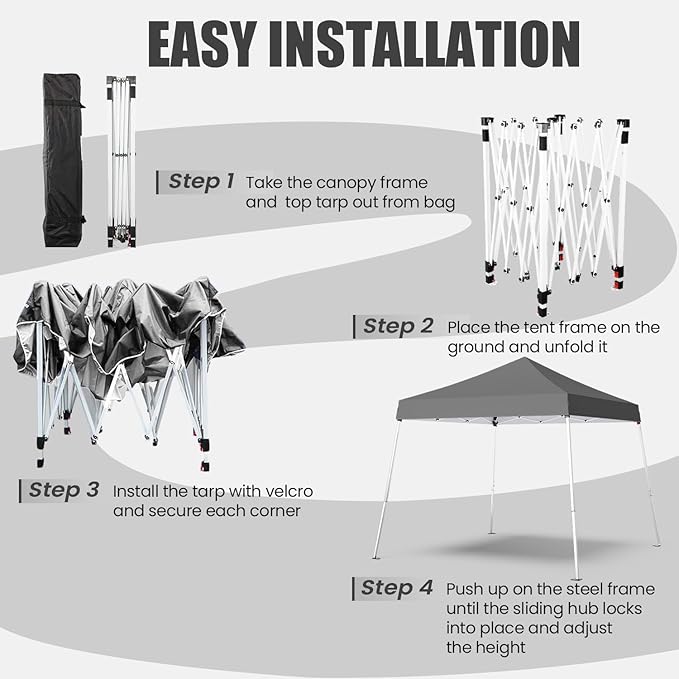10x10 Pop Up Canopy, 300D Silver Coated Grey Fabric Outdoor Gazebo, Beach Tent Slant Legs with Storage Bag,Easy Up Sun Shade Shelter Tents with 8x8 Top Cover for Patio,Party