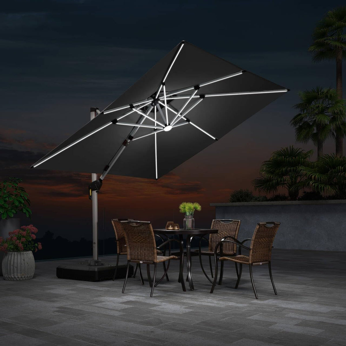 PURPLE LEAF 9 Feet Double Top Deluxe Solar Powered LED Square Patio Umbrella Offset Hanging Umbrella Outdoor Market Umbrella Garden Umbrella, Grey