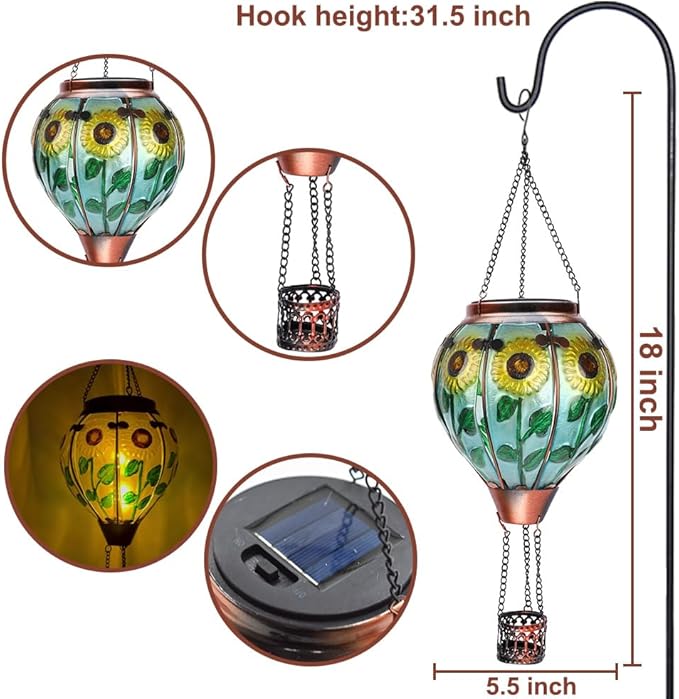 2PCS Solar Hot Air Balloon Lanterns with Flame with Shepherd's Hooks, Glass Hanging Flickering Lights Outdoor Waterproof for Garden Tree Yard Patio Mother's Day Gift, 18" H Sunflower