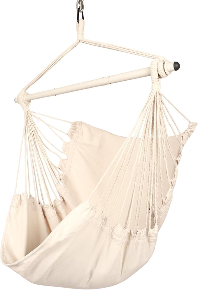 Highwild Hanging Rope Hammock Chair Swing Seat for Any Indoor or Outdoor Spaces - 500 lbs Weight Capacity (Beige)